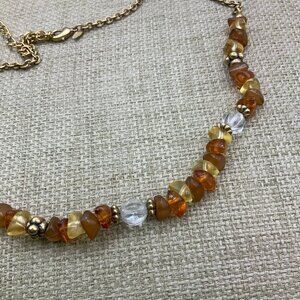 Avon SAQ Faux Amber Glass Chips Beaded Gold Tone Chain Necklace